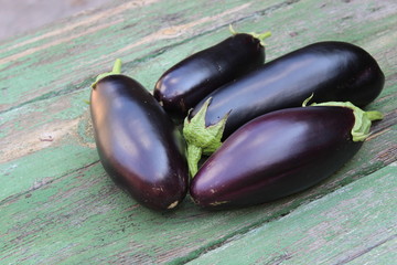 Eggplant fruits on wooden boards. Agriculture. Harvest