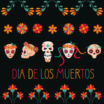 Dia de los Muertos. Day of the Dead. Mexican sugar skulls on dark background with floral elements.