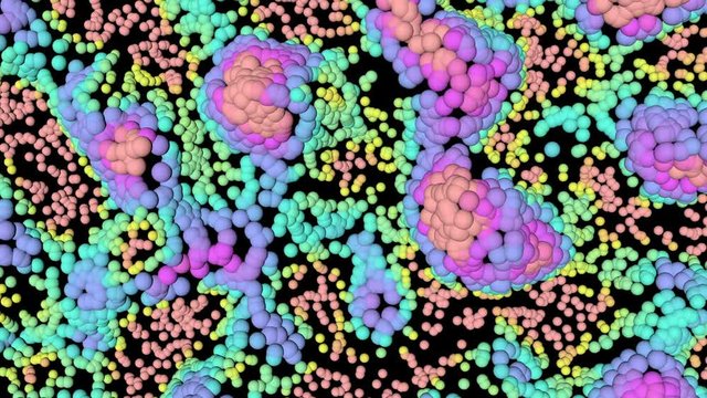 Animated video with balls or bubbles. Bright collors bubbles are moving on a black background.
