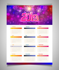 2019 text on shiny abstract background, wall calendar design on gray background.