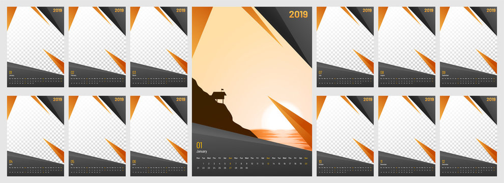 Template style yearly wall calendar design for 2019 with place for your image.