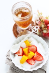 Chinese food,  mango almond tofu and strawberry