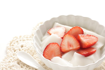 Chinese food, almond tofu and strawberry