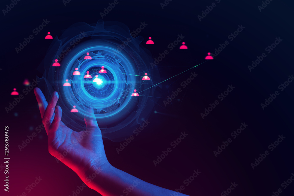 Wall mural human hand holding with floating of electric ai digital data robot system technology social network 