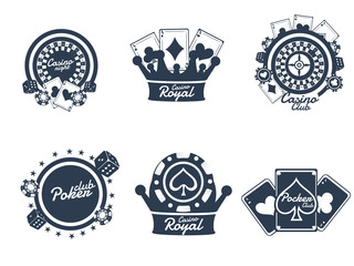 Typography, badge or emblem set of Casino Night with gambling element on white background.