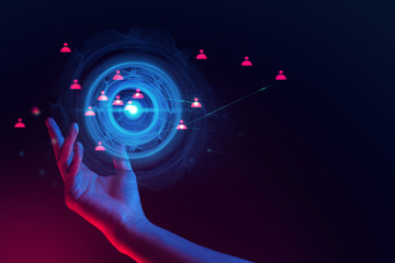 human hand holding with floating of electric ai digital data robot system technology social network...