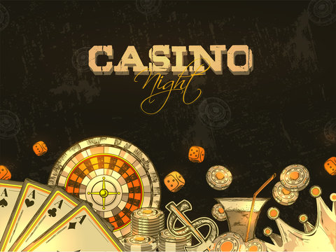 Retro style poster or banner design with roulette wheel, playing cards, casino chips, and crown illustration on brown background for Casino Night party celebration.