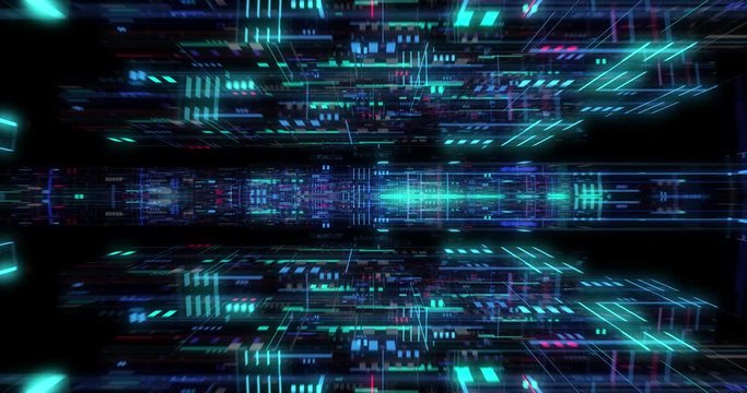 Big data visualization with digital grid motion. Analysis of information, cloud computing, internet of things, network technology. Visual data infographics. Seamless loop, 3D render