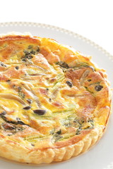 French food, homemade Japanese shimeji mushroom and bacon quiche