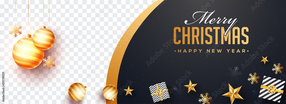 Canvas Prints Top view of Merry Christmas and Happy New Year website banner design with gift boxes and stars and space for your product image.