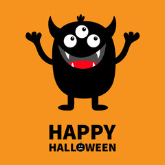 Happy Halloween. Monster black silhouette. Cute cartoon kawaii scary funny character. Baby collection. Three eyes, fang tooth tongue, hands up. Orange background. Isolated. Flat design.