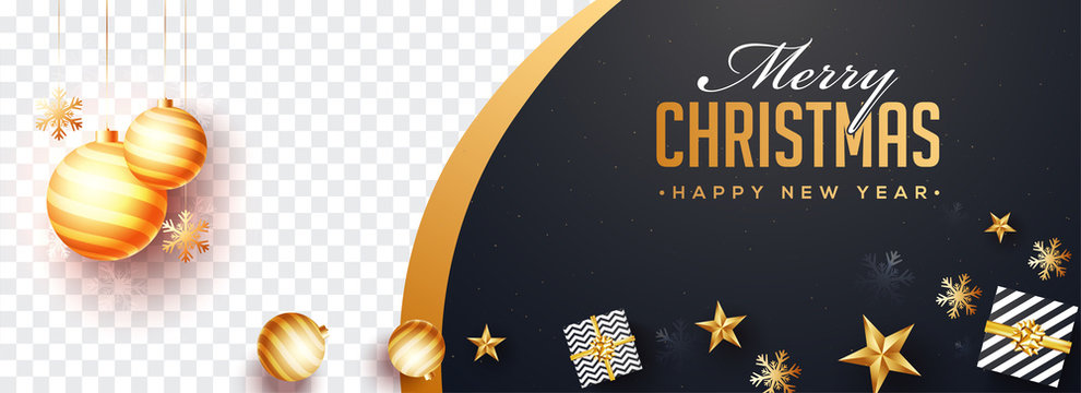 Top view of Merry Christmas and Happy New Year website banner design with gift boxes and stars and space for your product image.