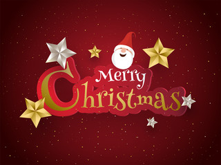 Sticker style, text of Merry Christmas with cartoon santa face and stars decorated on glossy red background for festival celebration concept.