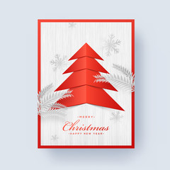 Paper cut style xmas tree on wooden texture background for Merry Christmas and Happy New year celebration greeting card design.