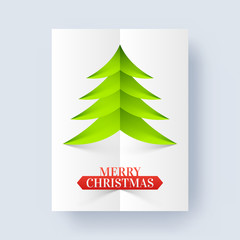 Fototapeta na wymiar Paper origami style xmas tree on white background for Merry christmas greeting design.