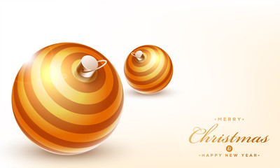 Happy Christmas and New Year greeting card design with shiny golden baubles on glossy background.