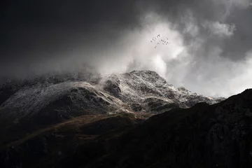 Keuken foto achterwand Verbluffend humeurig dramatisch winterlandschapsbeeld van de besneeuwde berg Tryfan in Snowdonia met stormachtig weer boven het hoofd met vogels die hoog boven vliegen © veneratio