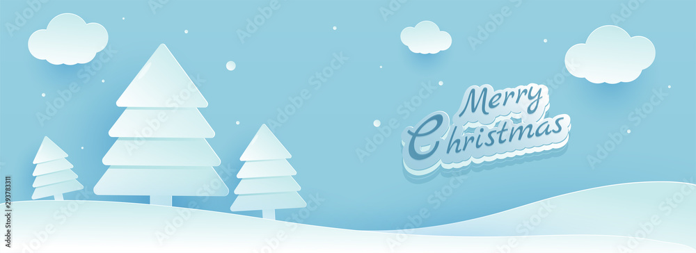 Poster Sticker style text of Merry Christmas with paper cut xmas tree on abstract background for festival celebration concept.