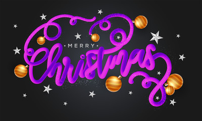Glossy purple lettering of Christmas decorated with stars and baubles on black background. Merry Christmas greeting card design.
