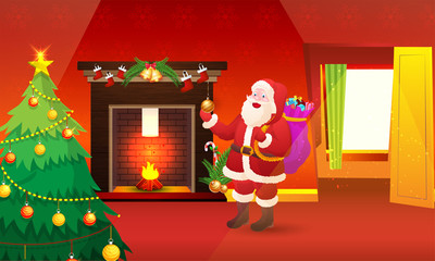 Christmas celebrations, Interior decorations, fireplace, xmas tree, and Santa Claus.