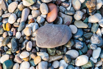 Gray sea pebbles of the Mediterranean Sea. Turkey. Top view, close-up.