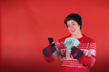Chica selfie con el telefono movil y dolares