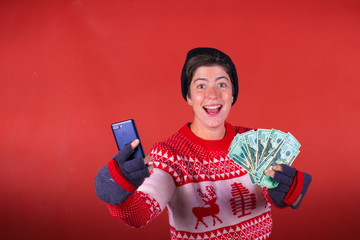 Chica selfie con el telefono movil y dolares