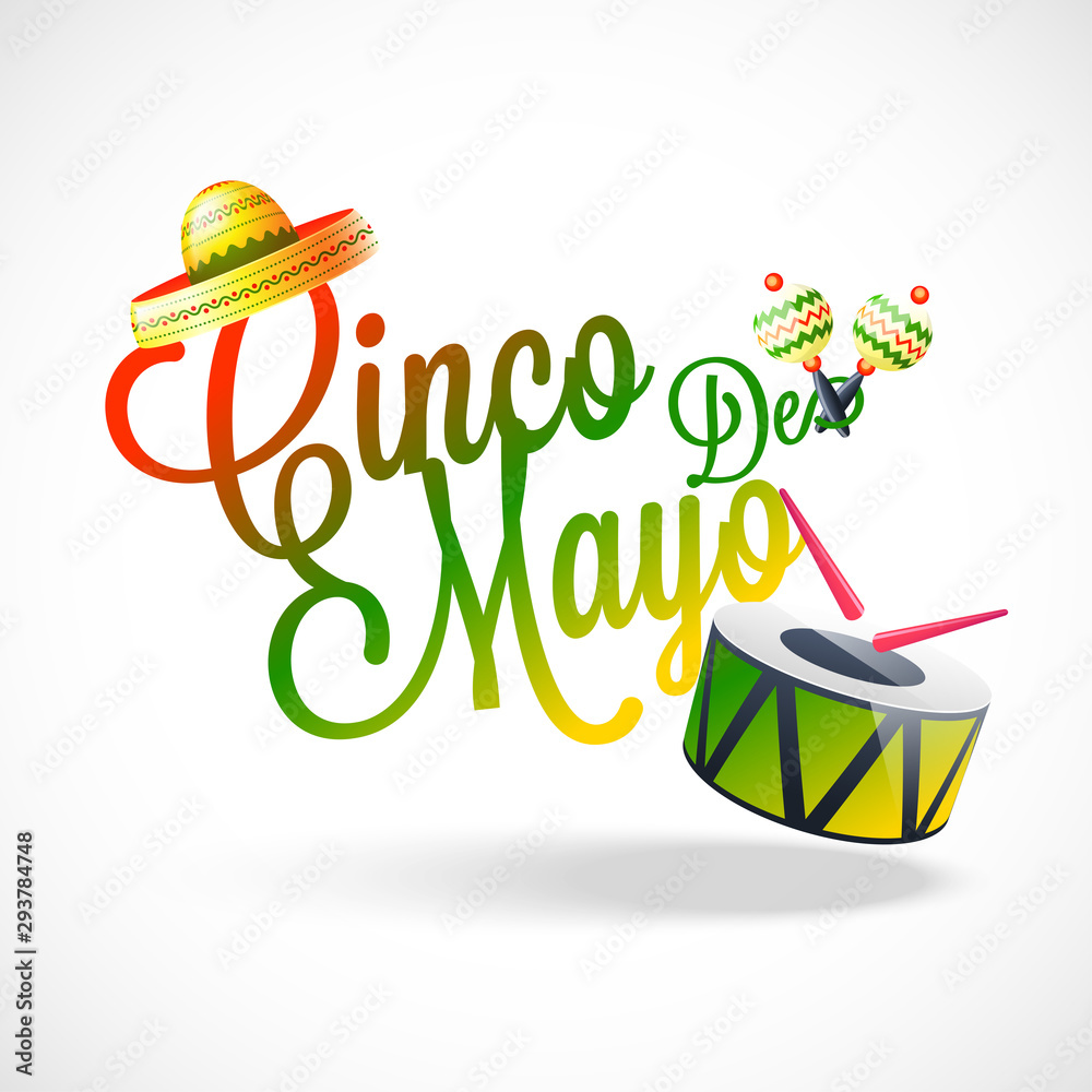 Poster stylish text of cinco de mayo party celebration with music instrument on white background.