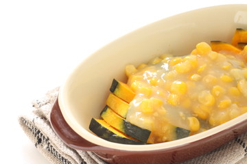 chopped pumpkin and sweet corn for gratin cooking image 
