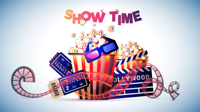 Show Time, Movie or Cinema concept banner or poster design with popcorn, 3D Glasses, Tickets and clapperboard on shiny background.