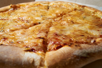 Pizza four cheeses. Tasty hot cheese pizza.