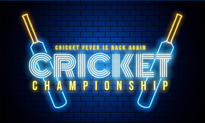 Neon text cricket championship with cricket bats on blue brick wall background.