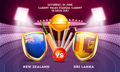 Cricket match participating country New Zealand vs Sri Lanka with cricket bat, ball and champion trophy illustration on night stadium view background.