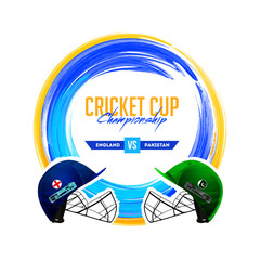 Cricket match between England vs Pakistan with illustration of cricket attire helmets on abstract background for Cricket Championship banner or poster design.