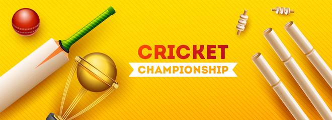 Top view of cricket equipments such as golden trophy, wicket stump, bat and ball on yellow strip background, Cricket Championship header or banner design.
