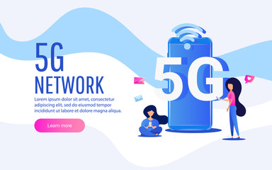 Creative 5g technology concept with smartphone device and small people characters. Can use for web banner, infographics, poster