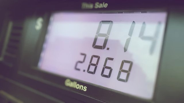 A close-up detail shot of the numbers on a gasoline pump. Shallow depth of field. Shot at 48fps.  	