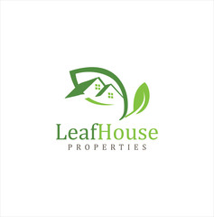 Green Leaf House Logo Design Concept Illustration .  House nature logo . Health House Logo .Nature Real Estate Logo . Green house logo Design. Home garden logo . 