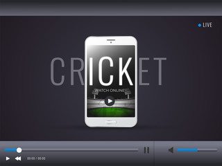 Live streaming video play screen with illustration of smartphone and text cricket for Cricket Championship event concept.