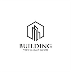 Hexagon buildings logo Line template. Abstract real estate Logo vector design. Cityscape logo Design property