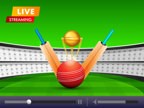 Live streaming video play window with illustration of bats, ball and champion trophy on stadium background.