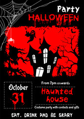 Poster, Billboard template with sample text for Halloween on black background  with red with evil tree, castle and Ghost with zombies and cobwebs