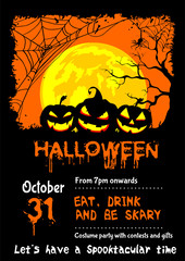 Poster, Billboard template with sample text for Halloween with three large evil pumpkins  on a yellow moon background, a spider web and a gloomy tree