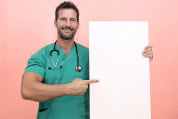 Attractive doctor smiling, wearing uniform and stethoscope showing a blank sign to copy space. on the poster you can put medical recommendations, as well as photographs of healthy foods and other reas