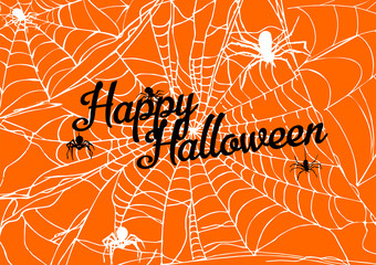 Poster, Billboard template with space for text for the Halloween holiday on an orange background with several  large webs and spiders on which is the inscription happy Halloween