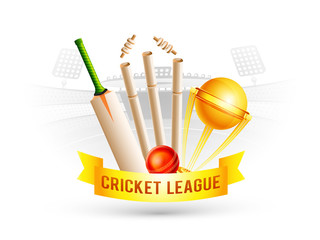 Close view of cricket equipment on stadium background for Cricket League banner or poster design. © Abdul Qaiyoom