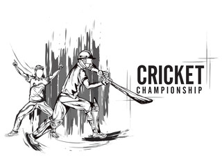 Hand Drawn illustration of cricket players in playing action for Cricket Championship banner or poster design.