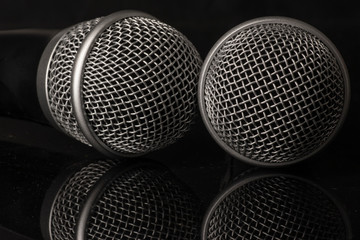 radio microphones. wireless sound transmission system. soft focus Two mics