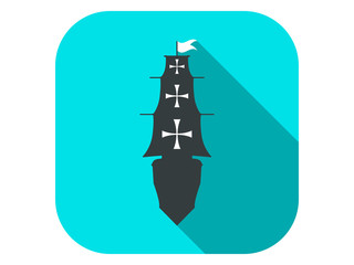Sailing ship flat icon with long shadow. Columbus Day. Vector illustration