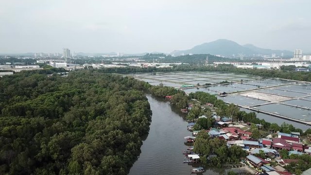 Aerial view fish farm at Kuala Juru, Malaysia.